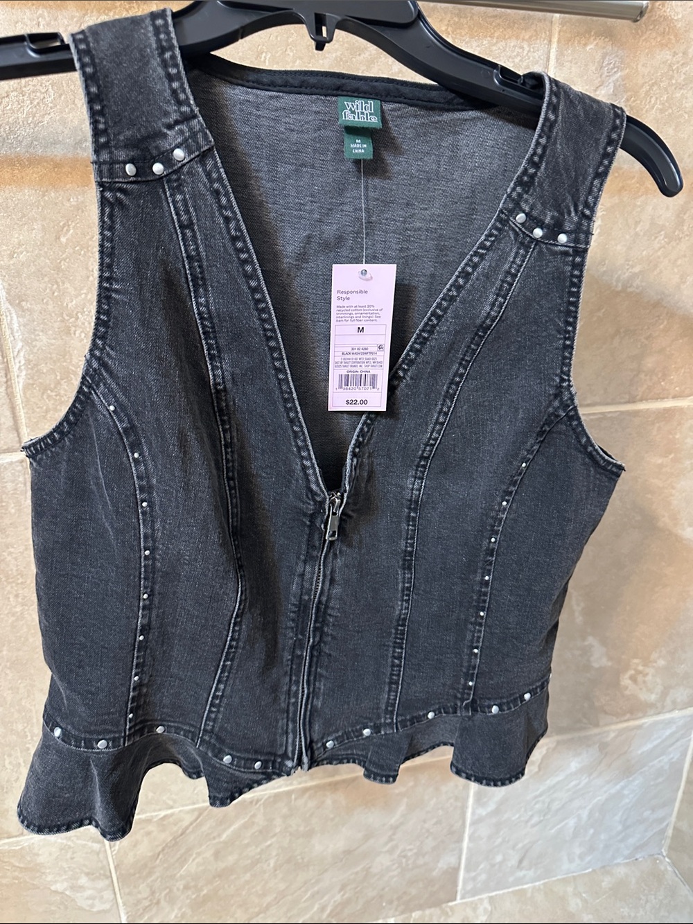 Wild Fable Black Washed Denim Zip Front Peplum Tank Vest Stud Accents Size M